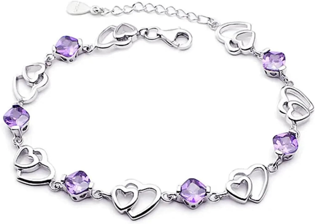 Sterling Steel Heart Bracelet for Women – Romantic Purple Gemstone Jewelry, Elegant Gift for Anniversary, Birthday, Valentine’s Day