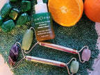 Amethyst + Jade Roller for Face and Neck Massage, Dual Gemstones with Durable Steel Handle and Travel Bag. Minimize Wrinkles, Reduce Puffiness and Restore Skin's Elasticity and Radiance