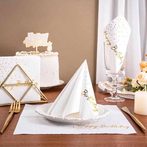 WRAPAHOLIC 25Pcs Dot Birthday Cocktail Napkins - 3-Ply White Gold Foil Happy Birthday Lettering and Dot Disposable Paper Napkins for Baby Shower Party Tableware Party Supplies - 5 x 5 In