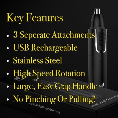 Pete & Pedro Nose & Ear Hair Trimmer – Clipper Has 3 Attachments for Nose/Ear, Eyebrows Trimming, & Facial Hair Detailing | Men & Women, Stainless Steel, Wet/Dry, USB | As Seen on Shark Tank