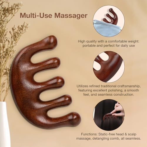 Natural Wooden Hair Growth Scalp Massager Comb - 5-Claw Head Wood Scalp Massage Tool for Stress Relief, Gua Sha & Scalp Therapy