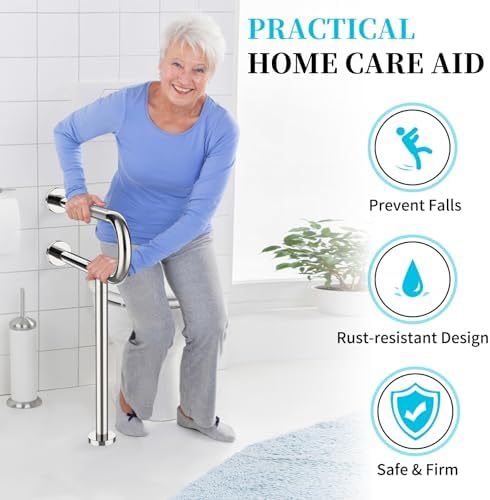 Toilet Support Rail 23.4X 28 Inch, Munzong Anti-Slip Chrome Handicap Grab Bar for Bathroom, Stainless Steel Knurled Safety handrails with Leg for Elderly Disabled Pregnant-1.25’Tube