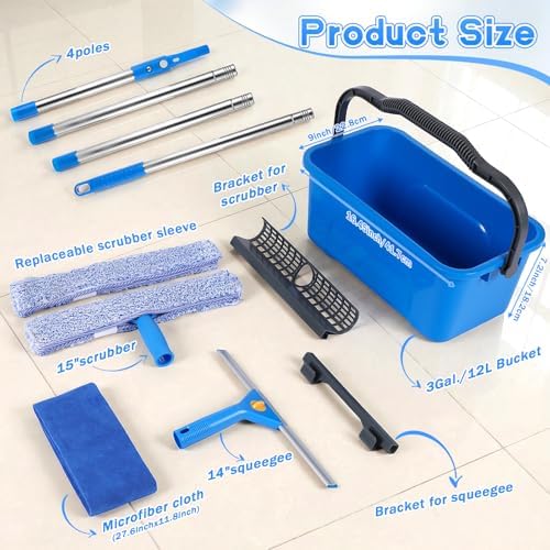 Window Cleaning Kit with 3 Gallon Bucket 14" Window Squeegee with 61" Long Handle 15" Microfiber Scrubber Glass Cleaner Set Tool for Home Outdoor Commercial Use