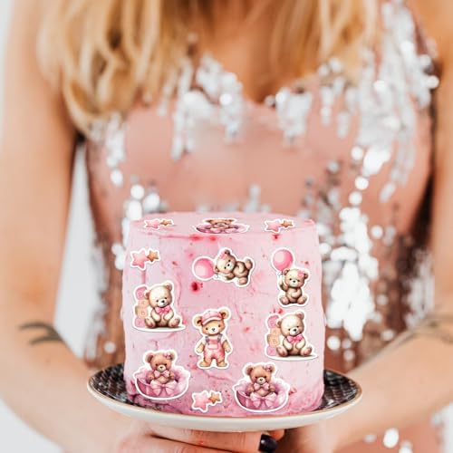 34PCS Edible Bear Cupcake Toppers Wafer Paper Pink Baby Bear Baby Shower Cake Topper Bear Balloon Cupcake Decorations for Bear Theme Baby Shower Birthday Gender Reveal Party Supplies