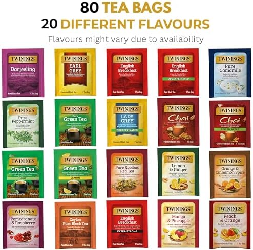 Twinings Tea Sampler Collection – 80 Tea Bags, 20 Flavours/Assorted Tea, Gift Set in Decorative Bamboo Box – Wooden Organizer Tea Chest Included – Ideal for Home, Office, Family & Friends (Bamboo Box)