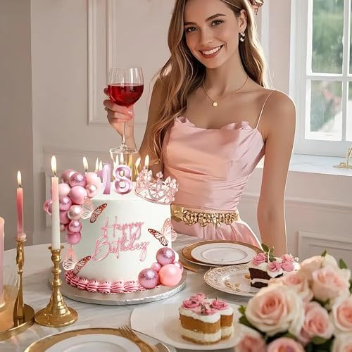 18th Birthday Cake Topper Set, Rose Gold Balls Cake Toppers with Happy Birthday Crown Tiara, Numeral 18 Candle and Birthday Candles for 18 Birthday Party Decorations (18th)