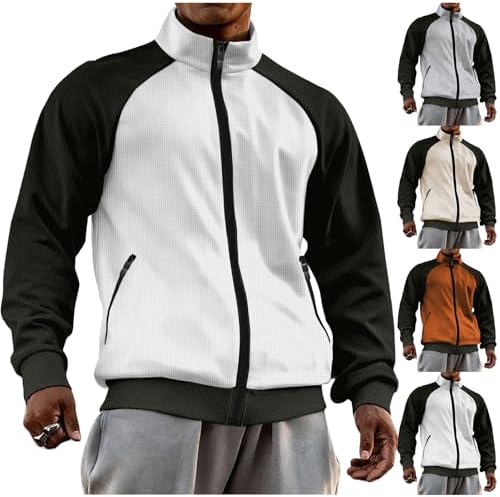 Men's Waffle Jacket Color Block Zipper Cardigan Jacket Turtleneck Raglan Sleeve Sweatshirt Lightweight Soft Sports Coat