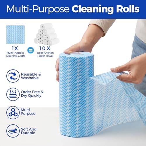 Disposable Cleaning Rolls Reusable Cleaning Cloths Dry Kitchen Towels Dish Cloths Handi Wipes 2 Roll, Total 200 Pcs, Blue