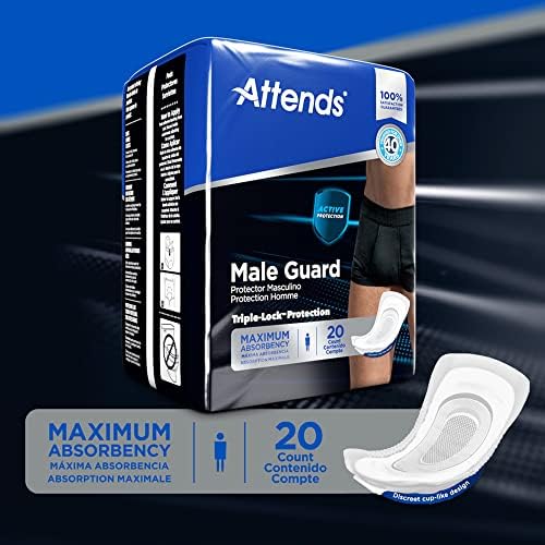 Attends Discreet Male Guard Bladder Control Pad, 12-1/2 Inch Length Maximum Absorbency Polymer One Size Fits Most Male Disposable, ADMG20 - Pack of 20