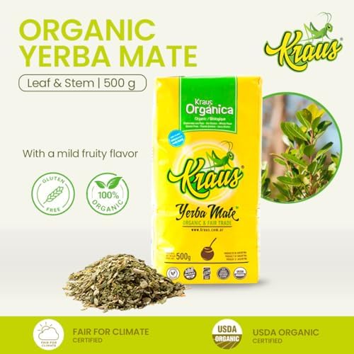 Kraus Organic Yerba Mate – Certified Organic, Gluten-Free & Kosher – Fair Trade Argentine Herbal Tea | Unsmoked & Air Dried | 500g (1.1 lb)