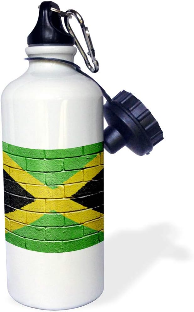 3dRose "National flag of Jamaica painted onto a brick wall Jamaican" Sports Water Bottle, 21 oz, White