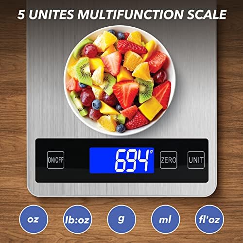 33lb Food Kitchen Digital Scale,1g/0.05oz Precise Graduation, USB Charging Kitchen Scale, Waterproof Stainless Steel with LCD Display, Ounces and Grams for Weight Loss, Cooking, Baking (Silvery)