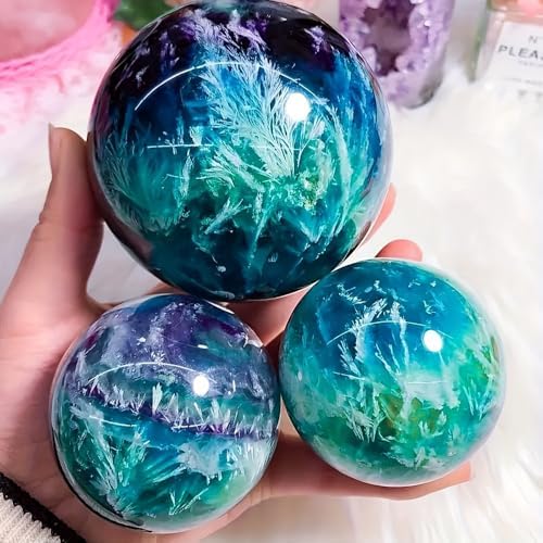 1 PC Feather Fluorite Sphere 5-6cm - Natural Healing Crystal Ball, Polished Decorative Stone for Home & Meditation, Unique Fluorite Crystal with Natural Feather Patterns