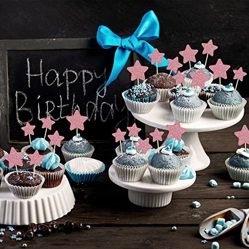 Gyufise 42Pcs Little Star Cupcake Toppers Pink Glitter Twinkle Star Cupcake Picks Wedding Engagement Bridal Shower Baby Shower Birthday Party Cake Decorations Supplies 3 Sizes