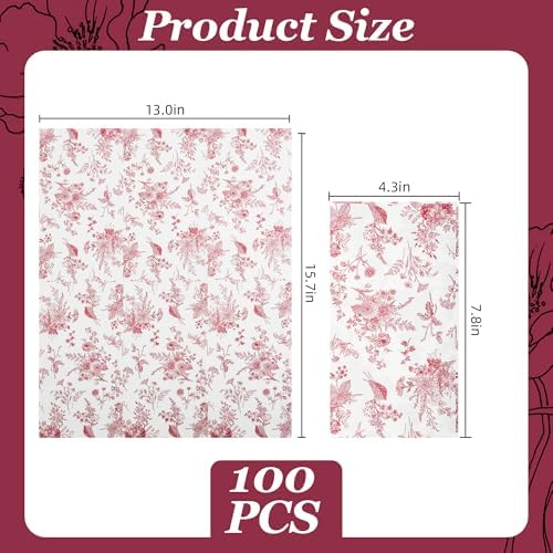 100 Floral Guest Napkins Red White Toile Disposable Paper Napkins Flower Bathroom Hand Towels for Tea Party Christmas Bridal Baby Shower Party Supplies (Red)
