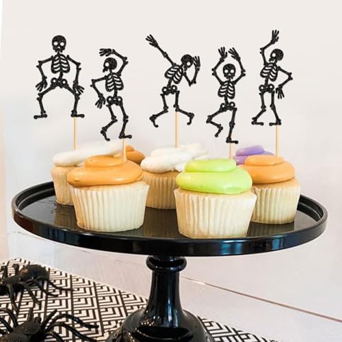 25Pcs Glitter Black Skeleton Cupcake Toppers Human Dance Skeleton Cupcake Picks for Halloween Party Decorations Horror Halloween Boys Girls Goth Birthday Wedding Cupcake Decorations