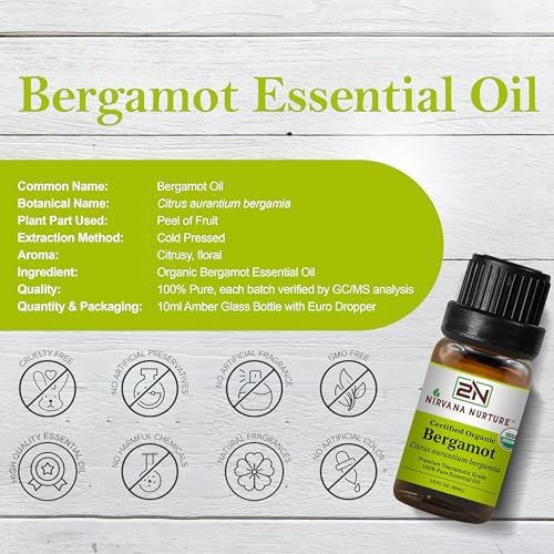 Bergamot Essential Oil, USDA Certified Organic, 100% Pure Undiluted, Aromatherapy Oil for Diffuser, Hair & Skin Care