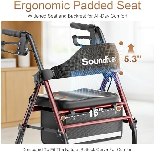SOUNDFUSE Walkers for Seniors, Rollator Walker with Seat, 8" All Terrain Wheels, Double Support Bar, 350lb, 16" Ergonomic Arc Seat and Comfortable Backrest, Dual Height Adjustable and Foldable Design