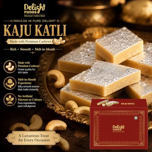 Delight Foods Premium Kaju Katli Katri Barfi 500g | Authentic & Fresh | Indian Sweet Made with Cashew Nuts | Festive Sweets Mithai Gift Pack