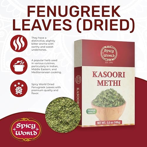 Spicy World Dried Fenugreek Leaves (Kasoori Methi) 3.5oz Box (100g) - All Natural | Vegan | Gluten Friendly | NON-GMO | Indian