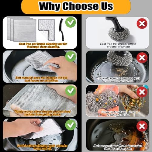 XANGNIER Cast Iron Scrubber Cleaning Kit,5 Pcs Cast Iron Skillet Cleaner Care Kit Tools Accessories for Griddle,Pan,Dutch Oven,Wok,Stainless Steel Pot,Kitchen Cleaning Gadget