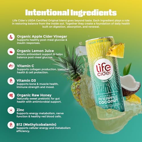 Life Cider Pineapple Coconut Apple Cider Vinegar Soda, 4 Pack, Organic Sparkling AVC Drink, Natural Flavors, Promotes Gut Health, Vitamins C, B12, Zinc, D3