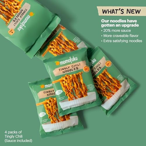 Momofuku Tingly Chili Noodles Ramen Noodles by David Chang, 4 Pack of Restaurant Quality Air-Dried Instant Noodles Now with More Sauce & 11g of Protein