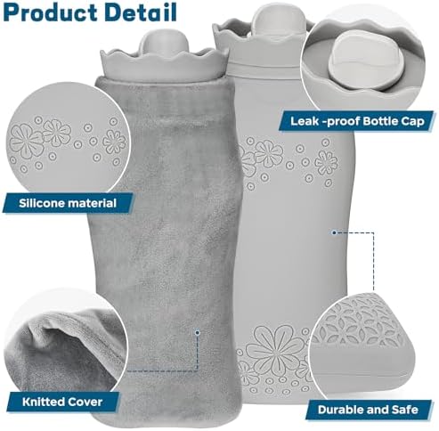Silicone Hot Water Bottle with Cover - 650ml Hot Water Bag for Hot & Cold Therapies, Microwaveable Leakproof Hot Water Bottle for Keeping Hand Feet Warm - Gift for Kids Adults Elderly in Winter (Grey)