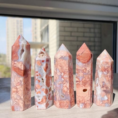 Natural Pink Agate Crystal Wand Point 2.7–4.3 inch – Polished Hexagonal Crystal Tower for Reiki Healing, Meditation, Chakra Balancing & Home Energy Decor (0.5LB(2-5pc))