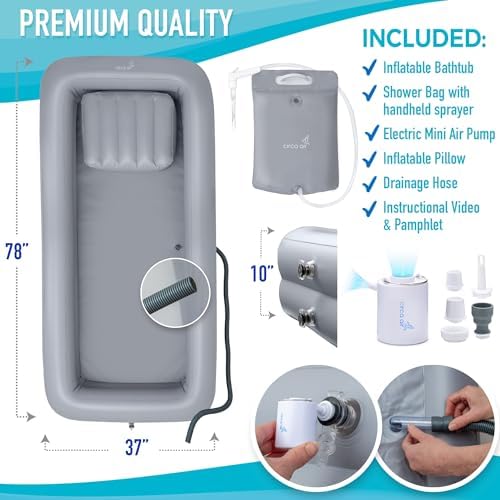 Circa Air Portable Bath Tubs Adults - Inflatable Bathtub with Bedside Shower Bag & Electric Pump, Full Body Washing in Bed, Bed Bath Supplies, Portable Shower Bed, Blow Up Tub, Hair Shampoo Basin