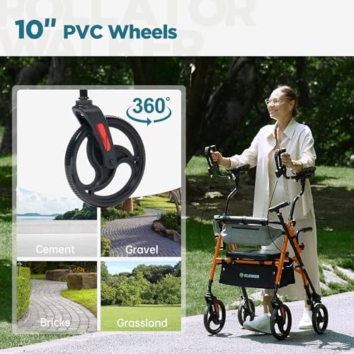ELENKER Upright Rollator Walker, Stand Up Walkers for Seniors with Armrest, Front Pouch, 10”Wheels, Sponge Padded Seat and Backrest, Fully Adjustment Frame, Orange