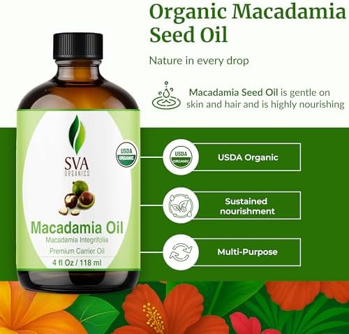 SVA Macadamia Seed Oil Organic - 4 Fl Oz – 100% Natural Cold Pressed Organic Macadamia Oil - for Face, Skin Care, Hair Care, Scalp Massage & Body Massage – Carrier Oil with Dropper