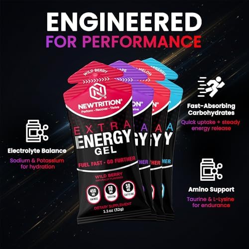 NewTrition® Extra Energy Gel Variety Pack - Fast Fuel with 50mg Caffeine, Amino Support, Smooth Texture, Electrolytes - Easy Digestion Running Gel for Cycling & Running