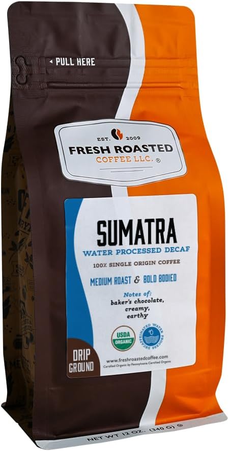 Fresh Roasted Coffee, Organic Sumatra Water-Processed Decaf Drip Ground Coffee, Medium Roast, USDA Organic, 100% Single Origin, Kosher, 12 oz
