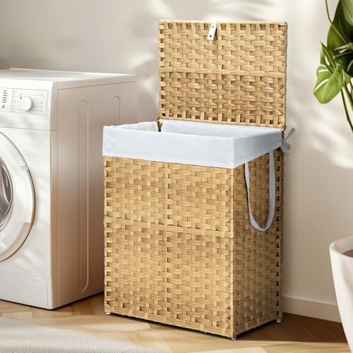 DUMOS Woven Laundry Basket with Lid, 90L Large Capacity Hamper, Removable & Machine-Washable Liner, Foldable Rattan Clothes Hamper, Sturdy Steel Frame, Odor Control, Goose Yellow