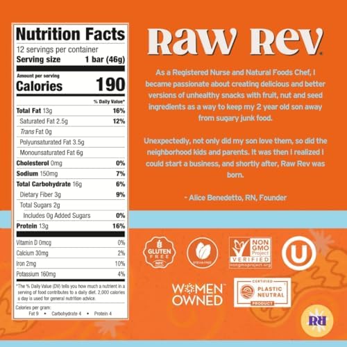 Raw Rev Vegan Protein Bars- Creamy Peanut Butter & Sea Salt, 12 bars, Non-GMO, Plastic-Neutral, Nothing Artificial, Glo Formula, Gluten-Free, Keto-Friendly, Paleo, Kosher, Soy-Free, No Sugar Alcohols, No Stevia.