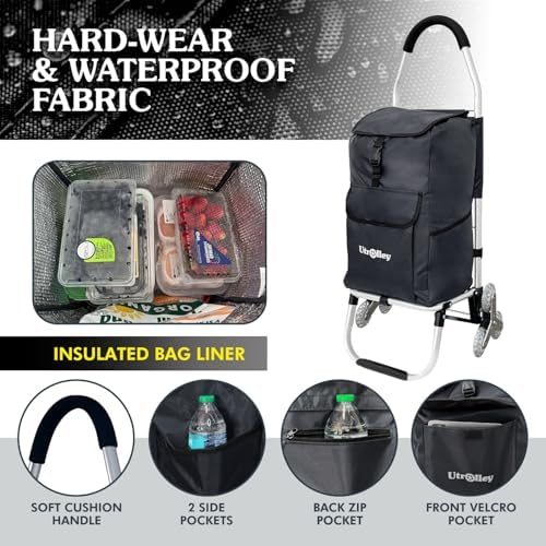 Ultra-Lightweight Foldable Stair-Climbing Shopping Cart for Groceries - 42L Capacity, Six Wheels, Removable Insulated Bag, Durable Aluminum Frame,Multi-Function Personal Hand Truck, Black