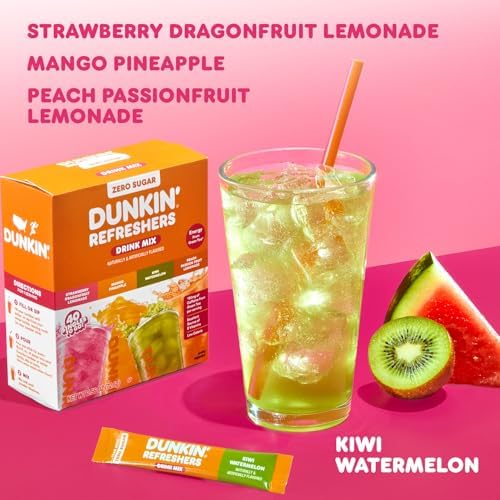 Dunkin’ Zero Sugar Refreshers Singles To Go! Powdered drink mix packets, 40 Ct Variety Pack, 40 Single serve Packets per Box (40 servings), Energy from Green Tea, aspartame-free, no synthetic colors, naturally and artificially flavored, just add water