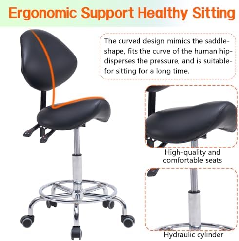 Saddle Stool Chair with Backrest and Footrest, Ergonomic Hydraulic Rolling Swivel Adjustable Stool for Salon Spa Massage Tattoo Dental Clinic Lash Esthetician Home Office, Heavy Duty 400LBS, Black