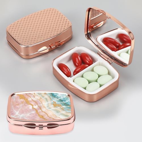 Pill Case Pill Box with Mirror Retro Pocket 2 Compartment Medicine Case Vitamin Pill Organizer for Pocket Purse and Travel - Rose Gold-Marble Veins