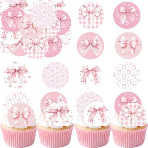 36PCS Edible Bow Cupcake Toppers Wafer Paper Bowknot Cake Decoration She is Trying the Knot Cupcake Toppers Edible Coquette Bows for Bow Theme Birthday Party Decoration Supplies (Pink Round)
