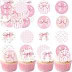 36PCS Edible Bow Cupcake Toppers Wafer Paper Bowknot Cake Decoration She is Trying the Knot Cupcake Toppers Edible Coquette Bows for Bow Theme Birthday Party Decoration Supplies (Pink Round)