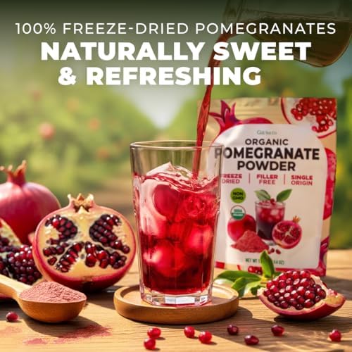 Gya Tea Co Organic Pomegranate Powder 1.1lb (17.64 Oz) - Antioxidant Rich Superfood for Drinks, Baking - Immunity & Energy Boost - Fresh Natural Whole Fruit - Non-GMO, Gluten-Free, Sugar-Free