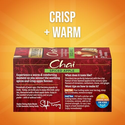 Twinings Spiced Apple Chai Black Tea Individually Wrapped Bags, 20 Count (Pack of 6), Sweet, Savoury Spices, Caffeinated, Enjoy Hot or Iced, 120 Teabags