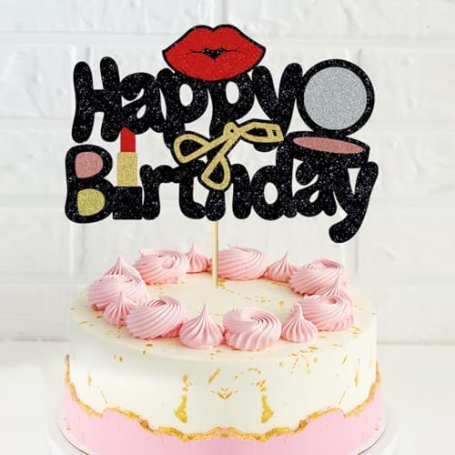 1Pcs Makeup Happy Birthday Cake Topper Powder Compact Eyelash Curler Lip Lipstick Glitter Cake Decorations for Girls Women Female Makeup Spa Theme Birthday Party Supplies