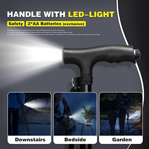 BigAlex Folding Walking Cane with LED Light,Pivoting Quad Base,Adjustable Walking Stick with Carrying Bag for Men/Women