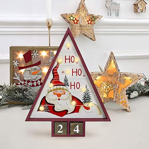 E-view Wooden Advent Countdown Calendar with Lights and 2 Blocks - Days Until Christmas Countdown - Wood Snowman Santa Christmas Tree Tabletop Decoration Rustic Holiday Xmas Decor for Home (Santa)
