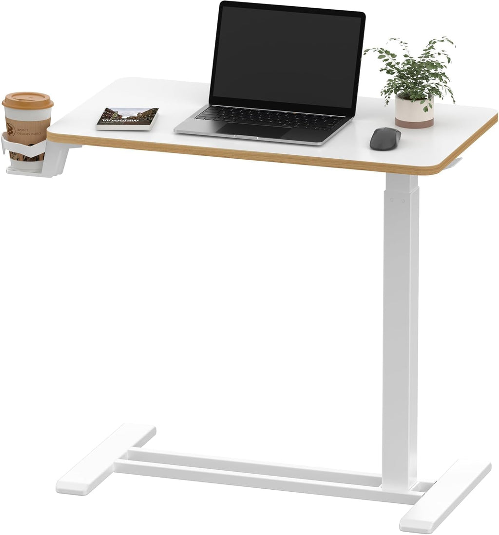 SANODESK Medical Adjustable Overbed Bedside Table with Hidden Casters, Pneumatic Mobile Laptop Computer Standing Desk Cart Overbed Table with Tray, Hospital and Home Use(27.6" W x 15.7" D, White)