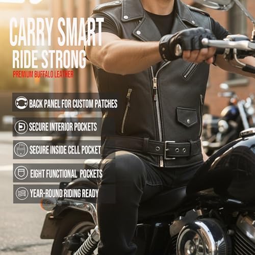 Jackets 4 Bikes Men's Classic Buffalo Leather Motorcycle Biker Vest | Vintage Cruiser Vest for Men, | Stylish Street Club Riding Black M