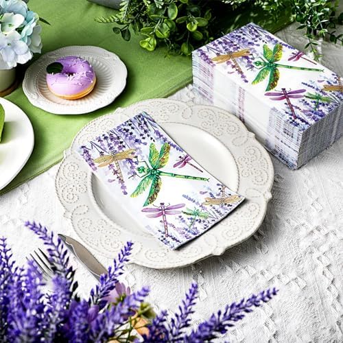 200 Pcs Dragonfly Napkins 2 Ply Summer Purple Flower Dragonfly Disposable Guest Towels for Bathroom Decorative Floral Paper Hand Towels for Dinner Holiday Party Supplies Wildflower Party Decorations